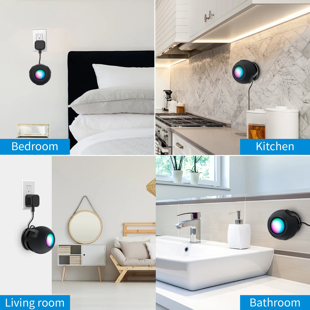SPORTLINK Self Adhesive Drilling Wall Mount Bracket For HomePod Mini Holder With Cord Management Space Saving Black White Blue