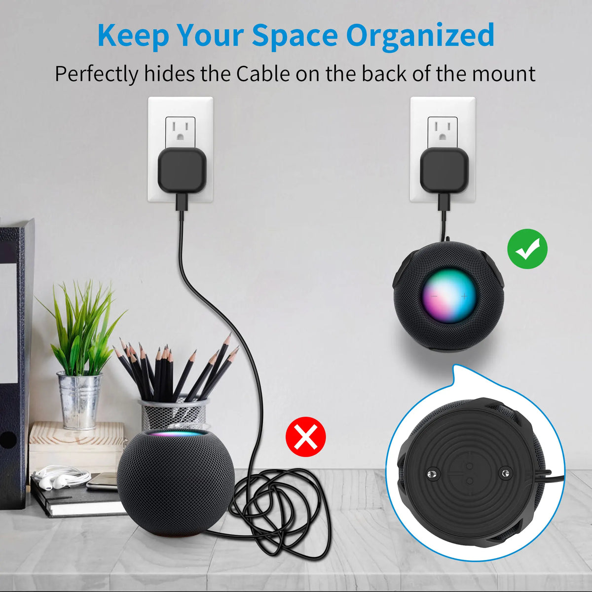 SPORTLINK Self Adhesive Drilling Wall Mount Bracket For HomePod Mini Holder With Cord Management Space Saving Black White Blue