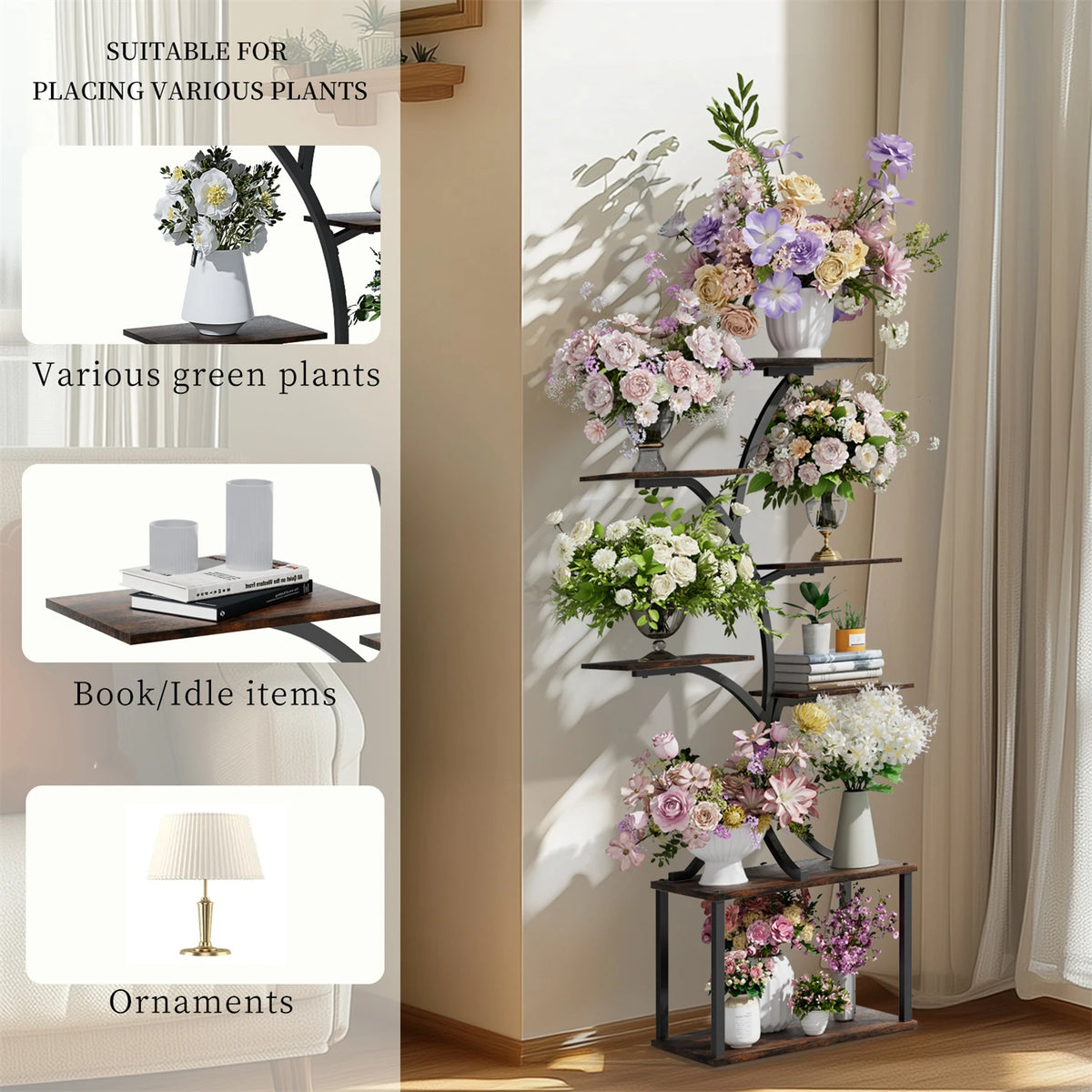 7 Tier Tree Shaped Plant Stand for Patio Living Room Metal Plant Flower Pot Display Holder with Lights