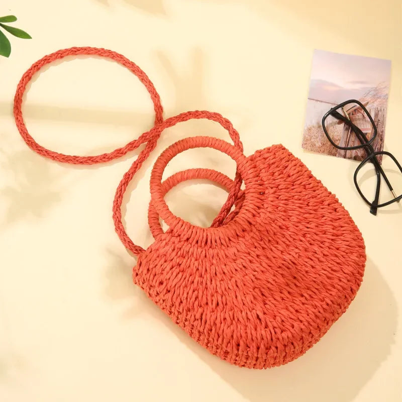 Large Capacity Women Summer Hollow Out Crossbody Shoulder Bag Handwoven Straw Rattan Half-Moon Beach Handbag