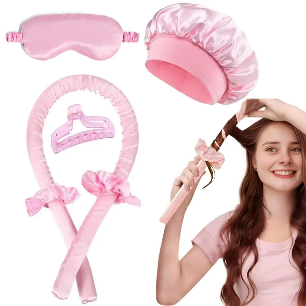 ヒートレスカールロッド ヘッドバンド シルクナイトキャップ アイマスク 熱なしヘアローラー ナイトカール サテンキャップ クリップ付き ヘアスタイリングツールセット