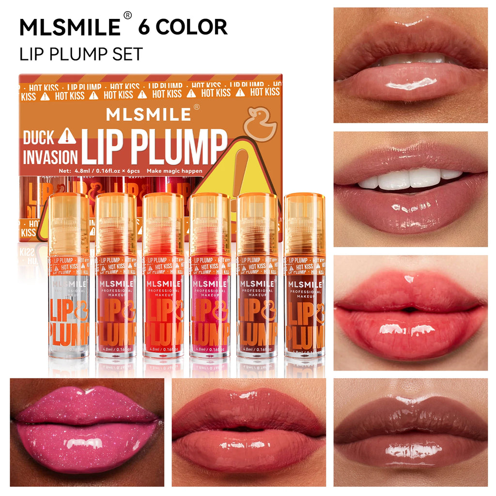 MLSMILE Duck Lip Plump Lip Oil Moisturizing Lip Gloss Mirror Water Nature Long-Lasting Gloss Pearl Lip Glaze Set