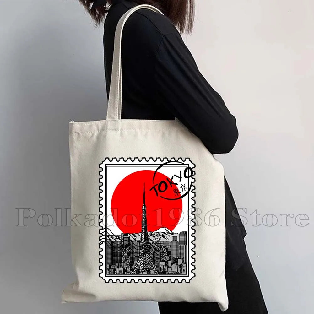 Tokyo Mount Fuji Japan Cherry Blossom Osaka Sakura Kanagawa Wave Japanese Style Samurai Canvas Tote Bag Shopper Cotton Handbag