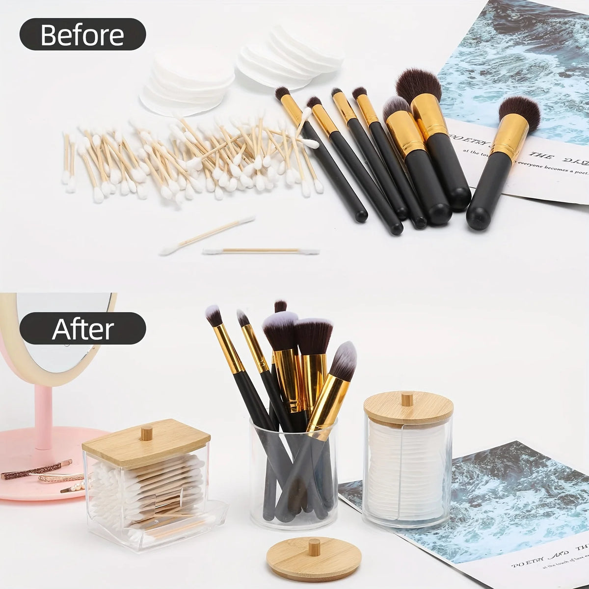 Cotton Swab Storage Box Double Head Wood Baby Cotton Swabs Transparent Square Bamboo Cover Cotton Buds Toothpick Organizer