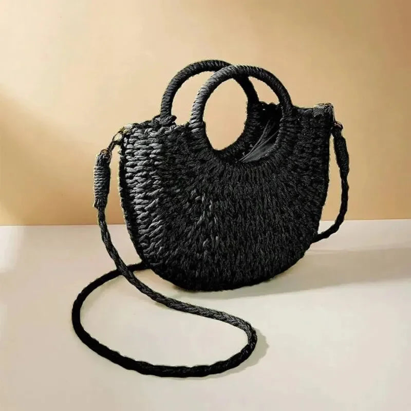 Large Capacity Women Summer Hollow Out Crossbody Shoulder Bag Handwoven Straw Rattan Half-Moon Beach Handbag