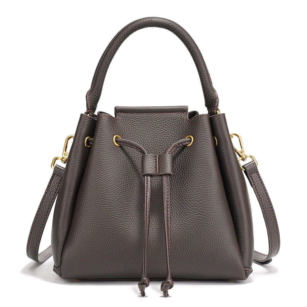Zency Women's Genuine Leather Top-Handle Bag Simple Fashion Bucket Bags Luxury Brand Shoulder Handbag Small Crossbody for Female