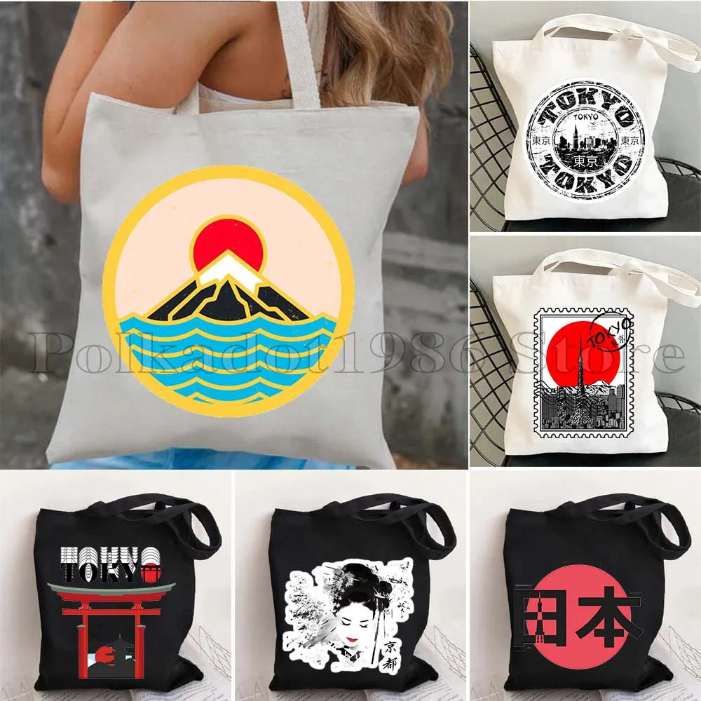 Tokyo Mount Fuji Japan Cherry Blossom Osaka Sakura Kanagawa Wave Japanese Style Samurai Canvas Tote Bag Shopper Cotton Handbag