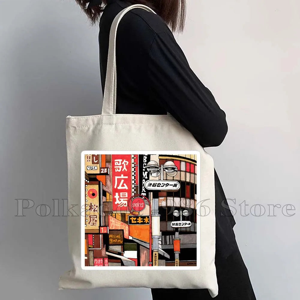 Tokyo Mount Fuji Japan Cherry Blossom Osaka Sakura Kanagawa Wave Japanese Style Samurai Canvas Tote Bag Shopper Cotton Handbag