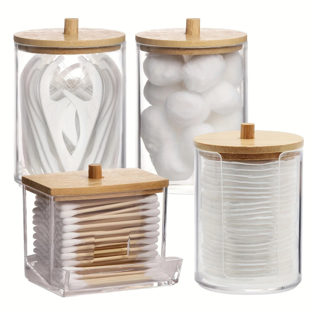 Cotton Swab Storage Box Double Head Wood Baby Cotton Swabs Transparent Square Bamboo Cover Cotton Buds Toothpick Organizer