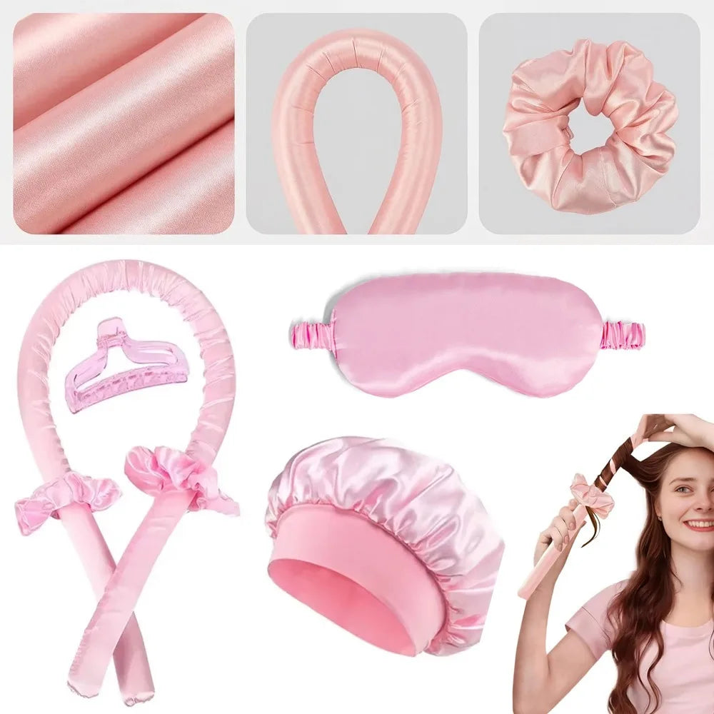 ヒートレスカールロッド ヘッドバンド シルクナイトキャップ アイマスク 熱なしヘアローラー ナイトカール サテンキャップ クリップ付き ヘアスタイリングツールセット