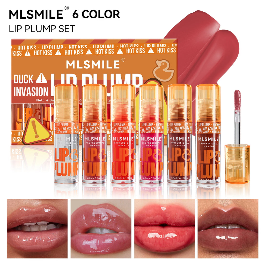 MLSMILE Duck Lip Plump Lip Oil Moisturizing Lip Gloss Mirror Water Nature Long-Lasting Gloss Pearl Lip Glaze Set