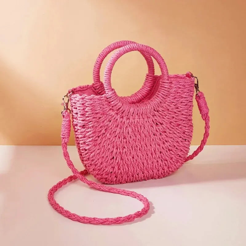 Large Capacity Women Summer Hollow Out Crossbody Shoulder Bag Handwoven Straw Rattan Half-Moon Beach Handbag