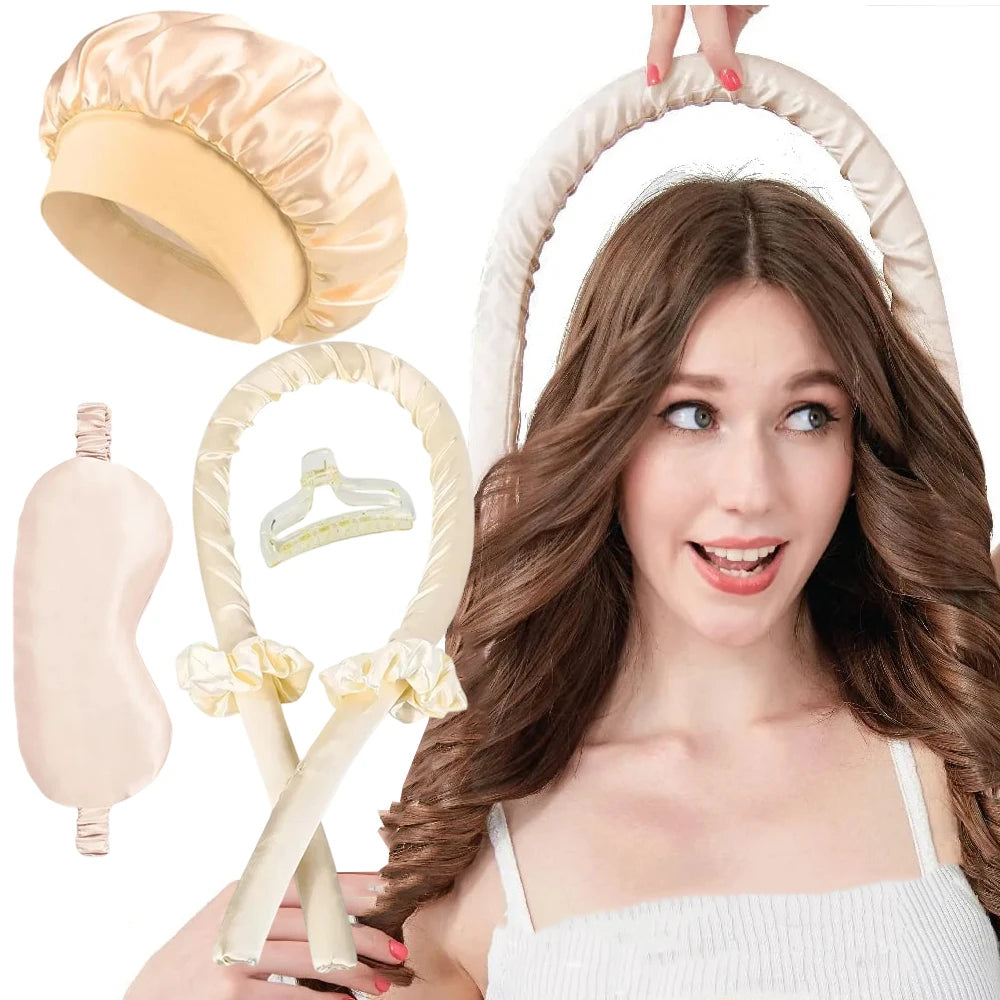 ヒートレスカールロッド ヘッドバンド シルクナイトキャップ アイマスク 熱なしヘアローラー ナイトカール サテンキャップ クリップ付き ヘアスタイリングツールセット