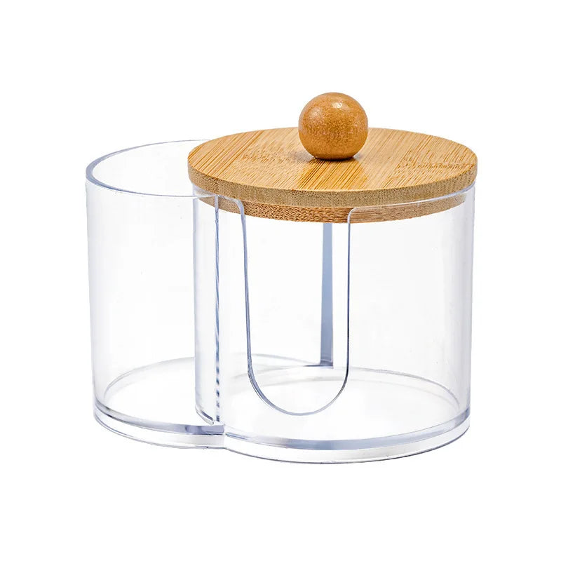 Cotton Swab Storage Box Double Head Wood Baby Cotton Swabs Transparent Square Bamboo Cover Cotton Buds Toothpick Organizer