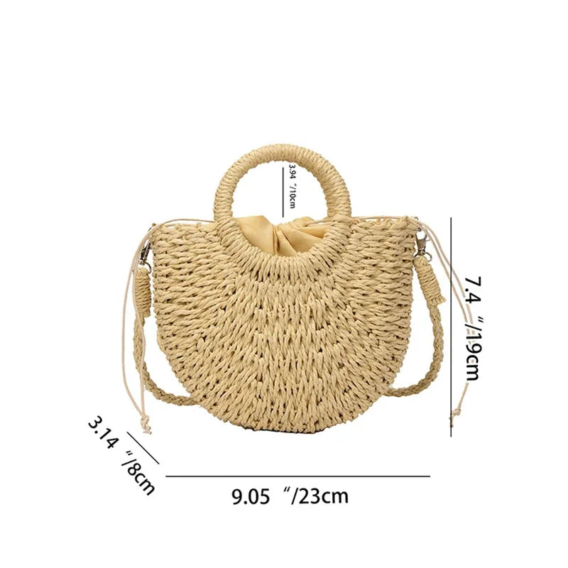 Large Capacity Women Summer Hollow Out Crossbody Shoulder Bag Handwoven Straw Rattan Half-Moon Beach Handbag