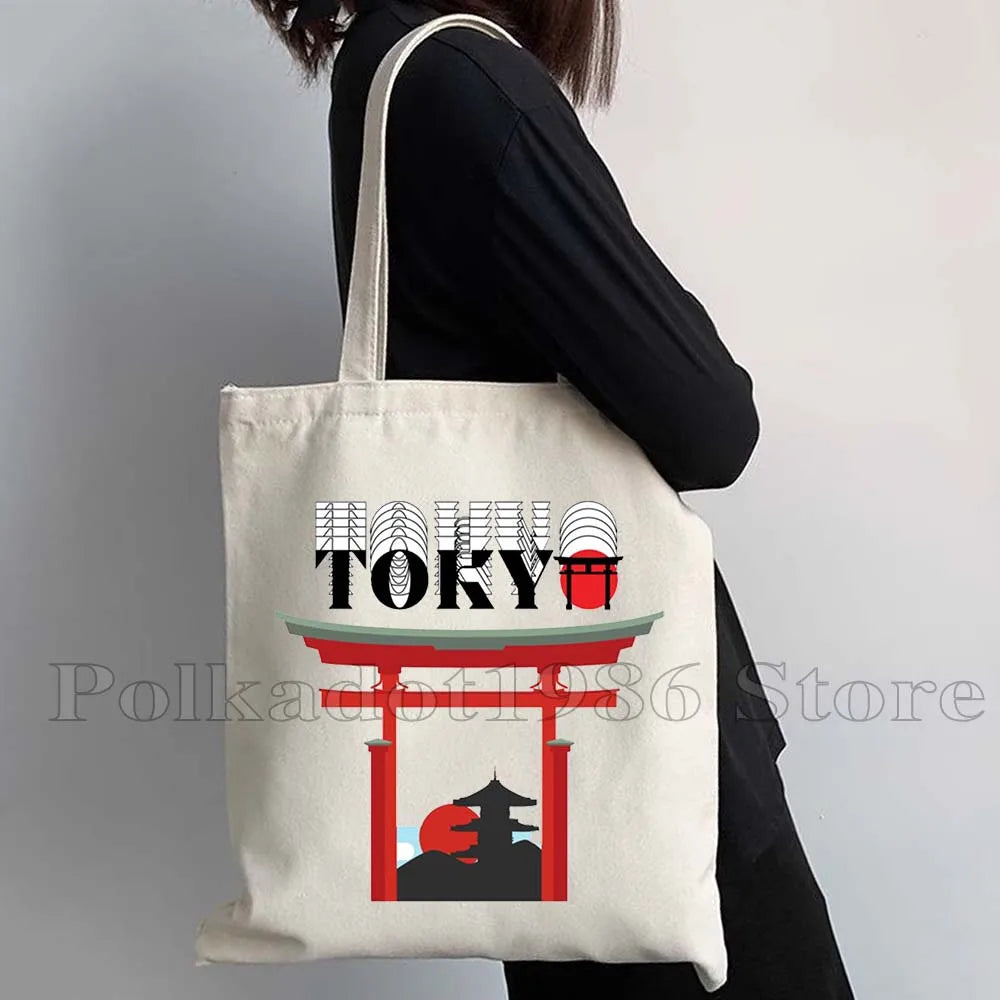 Tokyo Mount Fuji Japan Cherry Blossom Osaka Sakura Kanagawa Wave Japanese Style Samurai Canvas Tote Bag Shopper Cotton Handbag
