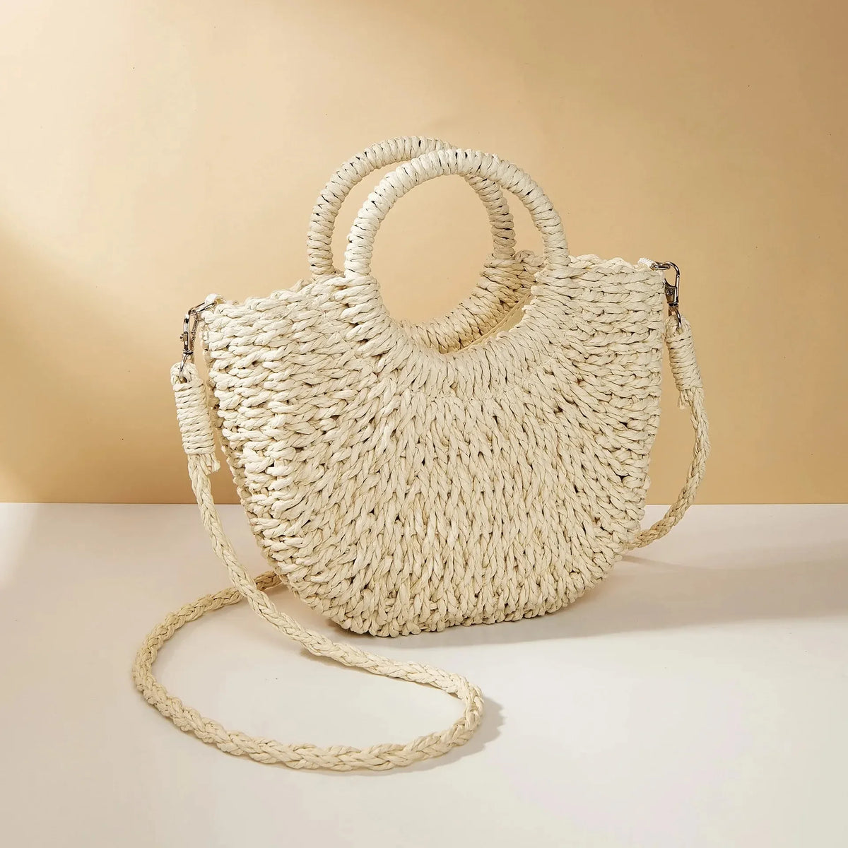 Large Capacity Women Summer Hollow Out Crossbody Shoulder Bag Handwoven Straw Rattan Half-Moon Beach Handbag