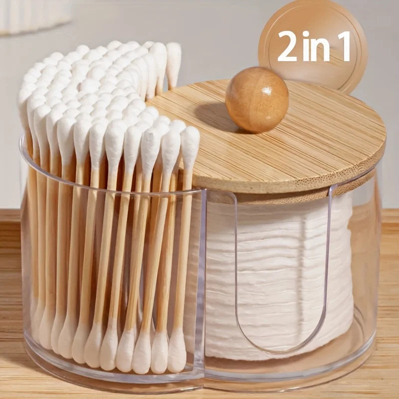 Cotton Swab Storage Box Double Head Wood Baby Cotton Swabs Transparent Square Bamboo Cover Cotton Buds Toothpick Organizer