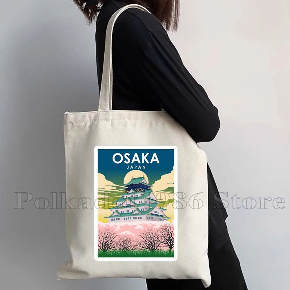Tokyo Mount Fuji Japan Cherry Blossom Osaka Sakura Kanagawa Wave Japanese Style Samurai Canvas Tote Bag Shopper Cotton Handbag