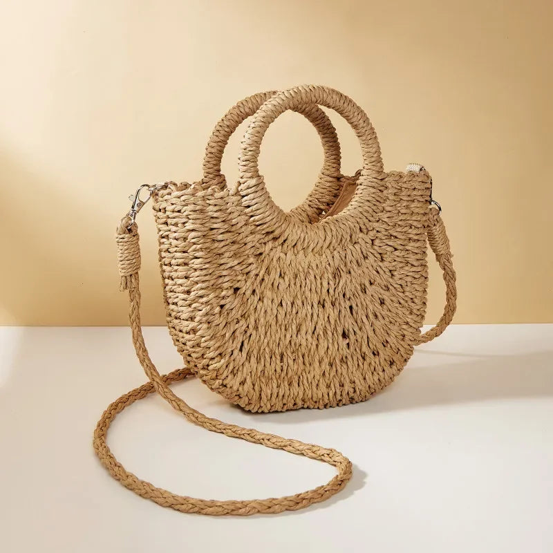 Large Capacity Women Summer Hollow Out Crossbody Shoulder Bag Handwoven Straw Rattan Half-Moon Beach Handbag
