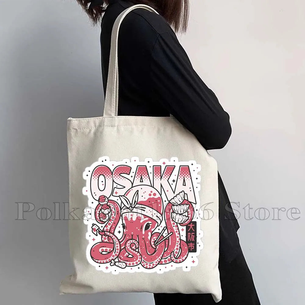Tokyo Mount Fuji Japan Cherry Blossom Osaka Sakura Kanagawa Wave Japanese Style Samurai Canvas Tote Bag Shopper Cotton Handbag