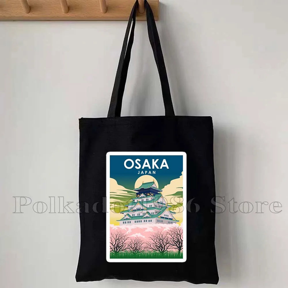 Tokyo Mount Fuji Japan Cherry Blossom Osaka Sakura Kanagawa Wave Japanese Style Samurai Canvas Tote Bag Shopper Cotton Handbag
