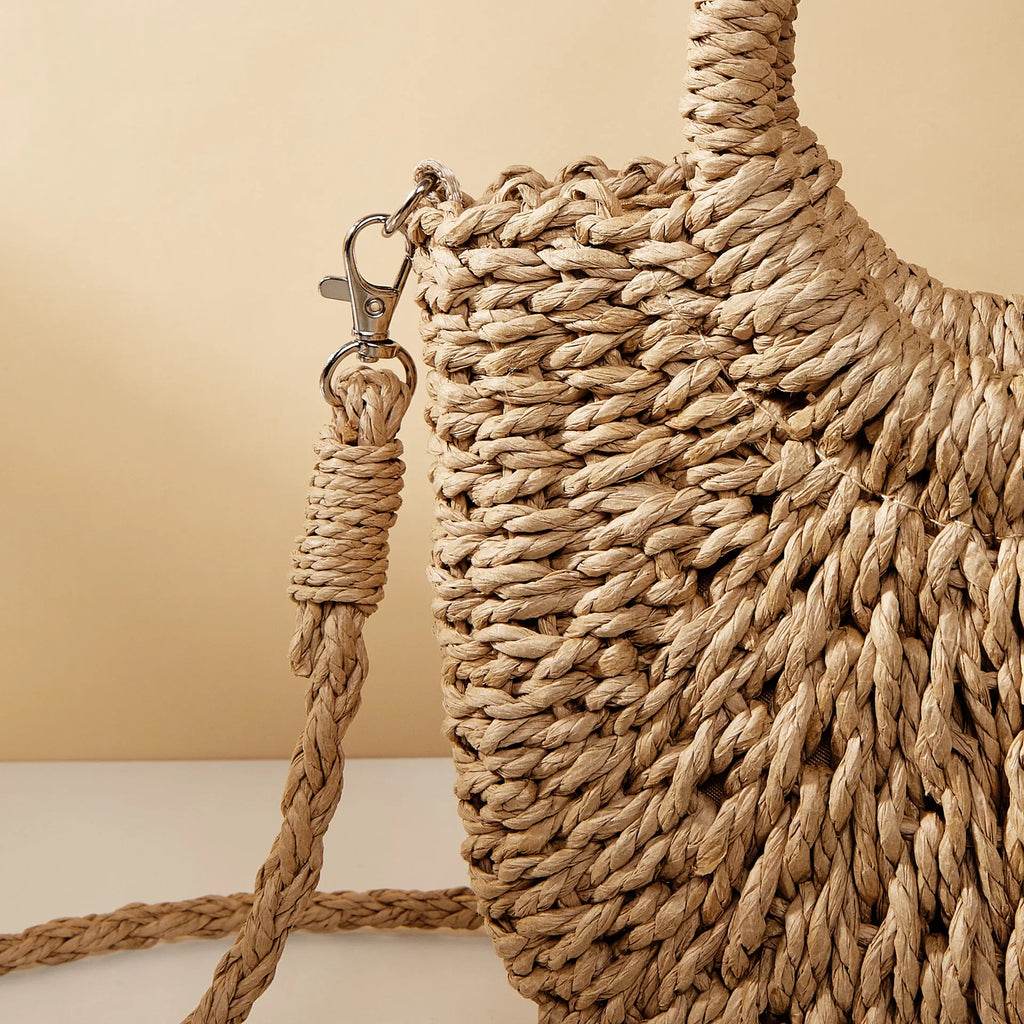 Large Capacity Women Summer Hollow Out Crossbody Shoulder Bag Handwoven Straw Rattan Half-Moon Beach Handbag