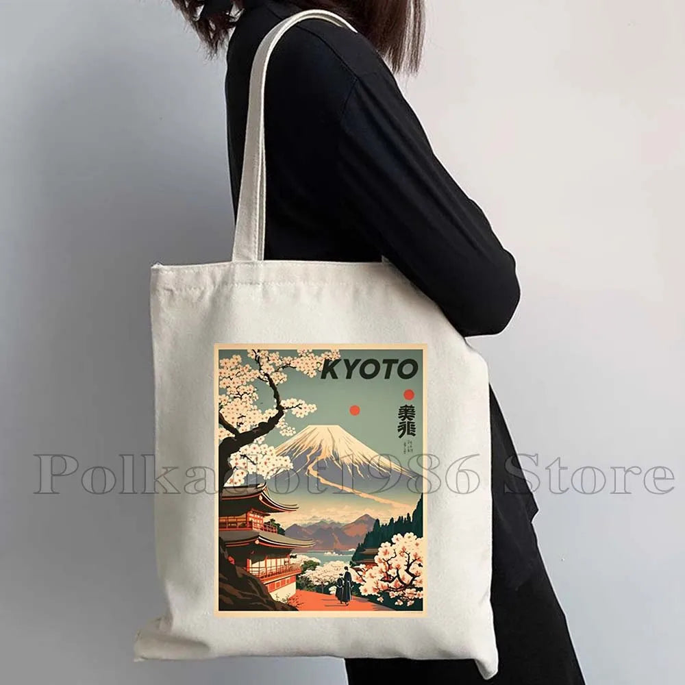 Tokyo Mount Fuji Japan Cherry Blossom Osaka Sakura Kanagawa Wave Japanese Style Samurai Canvas Tote Bag Shopper Cotton Handbag