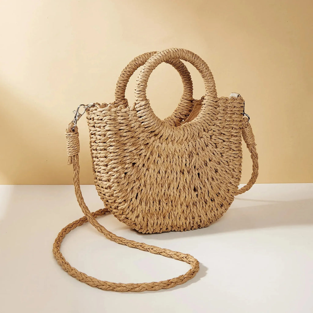 Large Capacity Women Summer Hollow Out Crossbody Shoulder Bag Handwoven Straw Rattan Half-Moon Beach Handbag