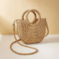 Large Capacity Women Summer Hollow Out Crossbody Shoulder Bag Handwoven Straw Rattan Half-Moon Beach Handbag