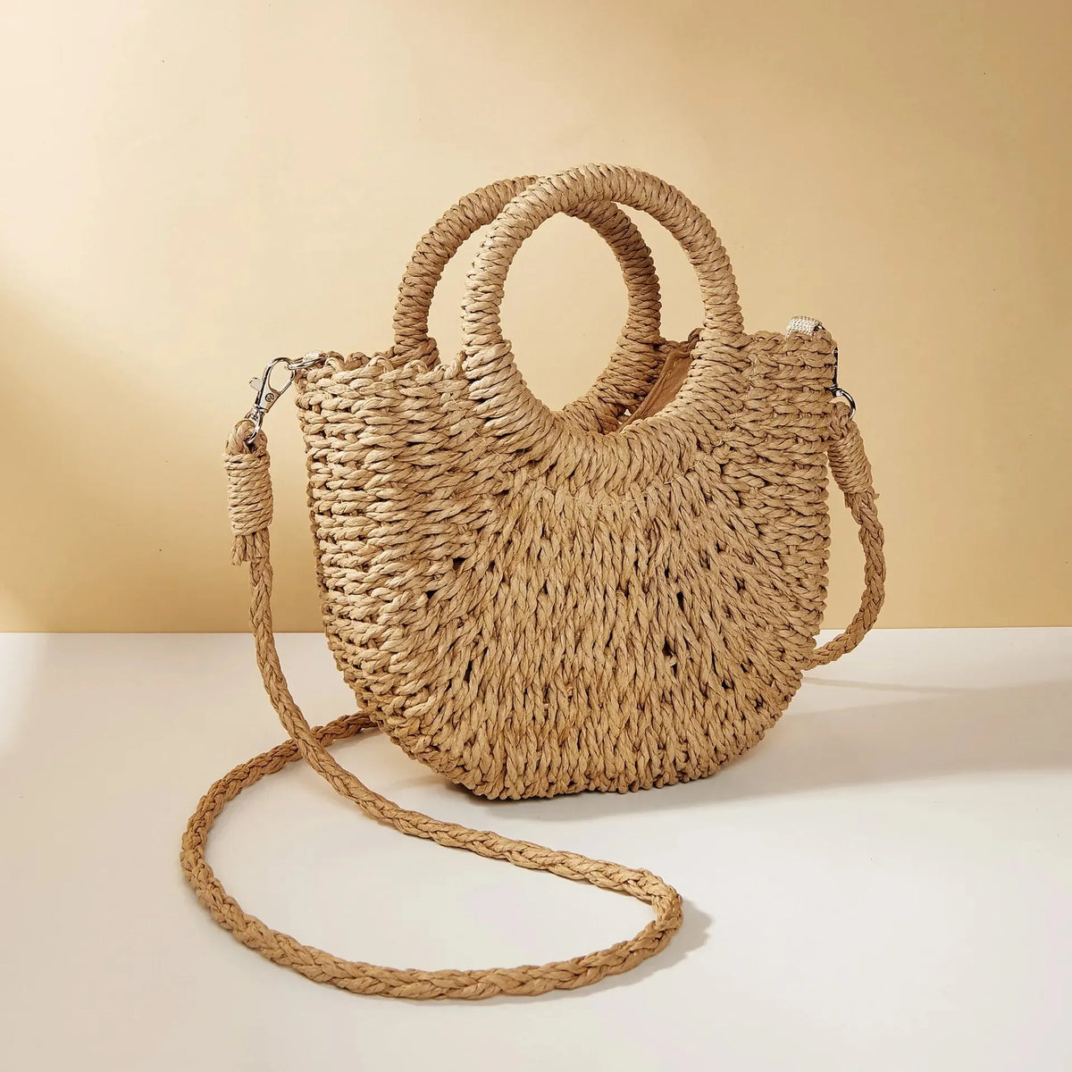 Large Capacity Women Summer Hollow Out Crossbody Shoulder Bag Handwoven Straw Rattan Half-Moon Beach Handbag