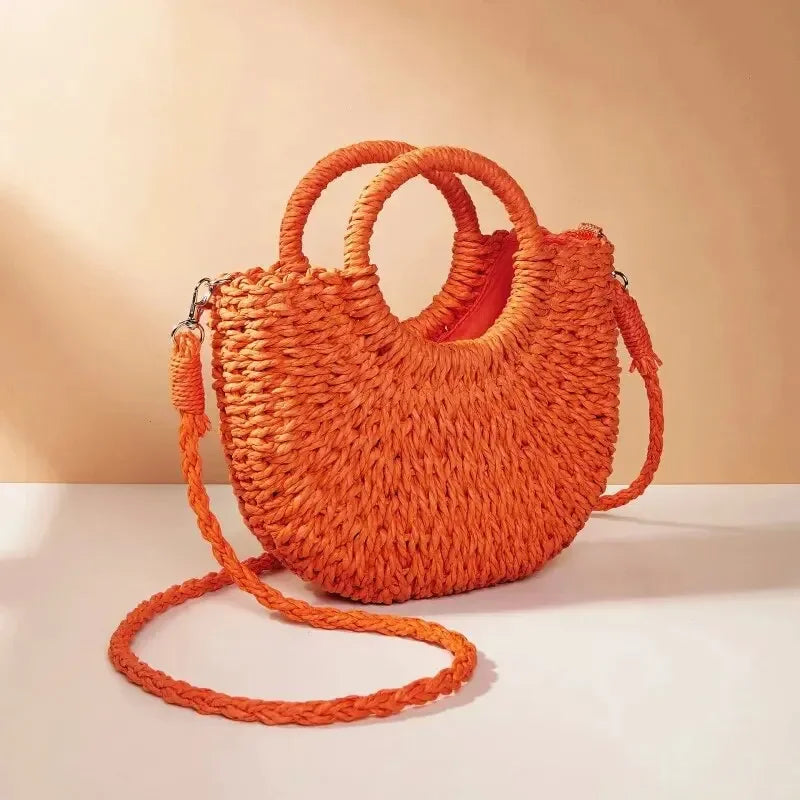 Large Capacity Women Summer Hollow Out Crossbody Shoulder Bag Handwoven Straw Rattan Half-Moon Beach Handbag