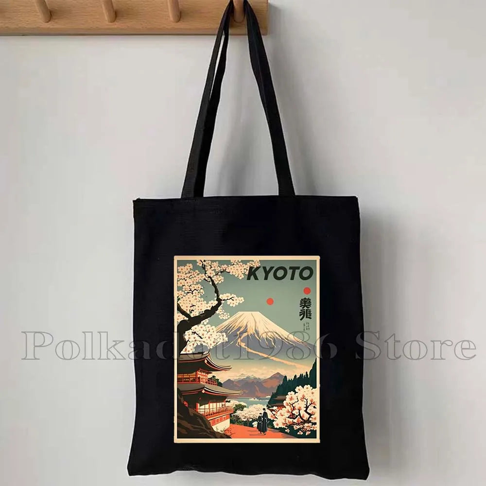 Tokyo Mount Fuji Japan Cherry Blossom Osaka Sakura Kanagawa Wave Japanese Style Samurai Canvas Tote Bag Shopper Cotton Handbag