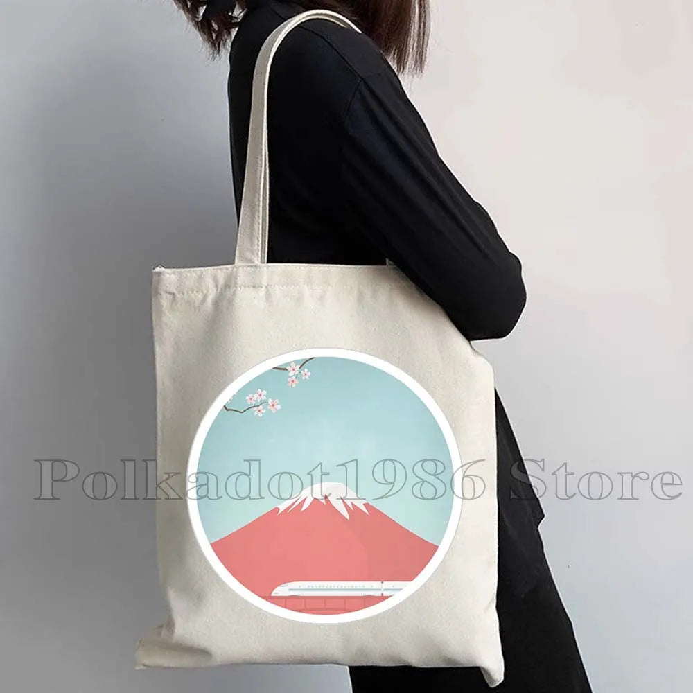 Tokyo Mount Fuji Japan Cherry Blossom Osaka Sakura Kanagawa Wave Japanese Style Samurai Canvas Tote Bag Shopper Cotton Handbag