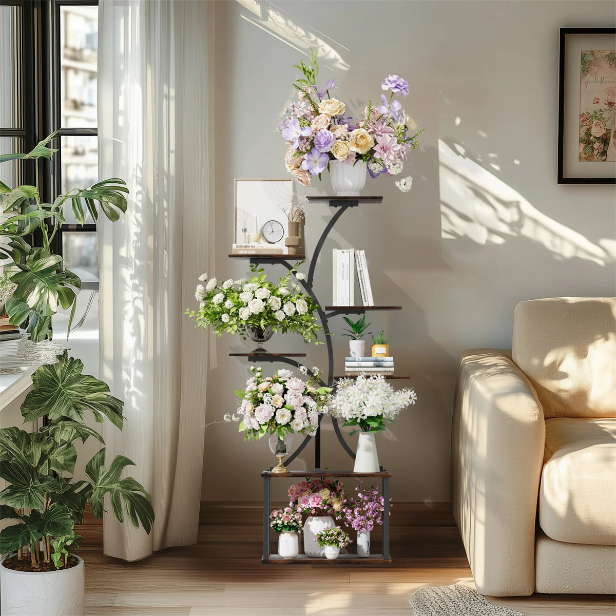 7 Tier Tree Shaped Plant Stand for Patio Living Room Metal Plant Flower Pot Display Holder with Lights