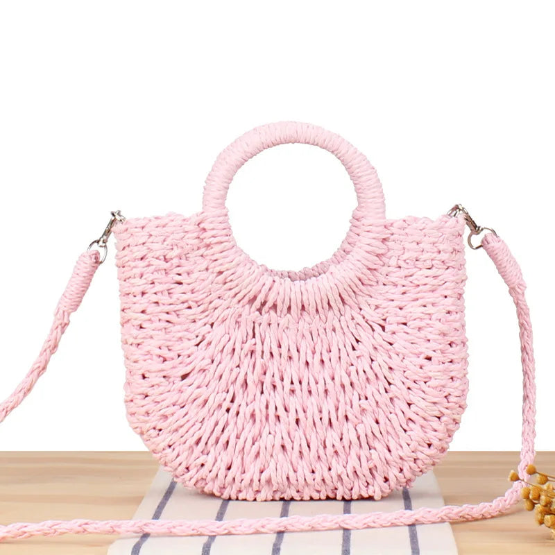 Large Capacity Women Summer Hollow Out Crossbody Shoulder Bag Handwoven Straw Rattan Half-Moon Beach Handbag