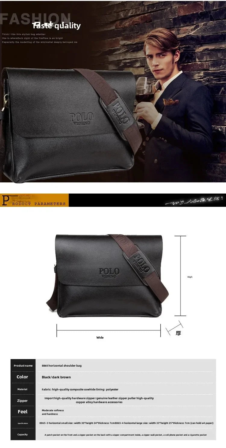 Polo Casual Business Men's Shoulder Bag Vertical PU Leather Fashionable Crossbody Bag Wear-Resistant