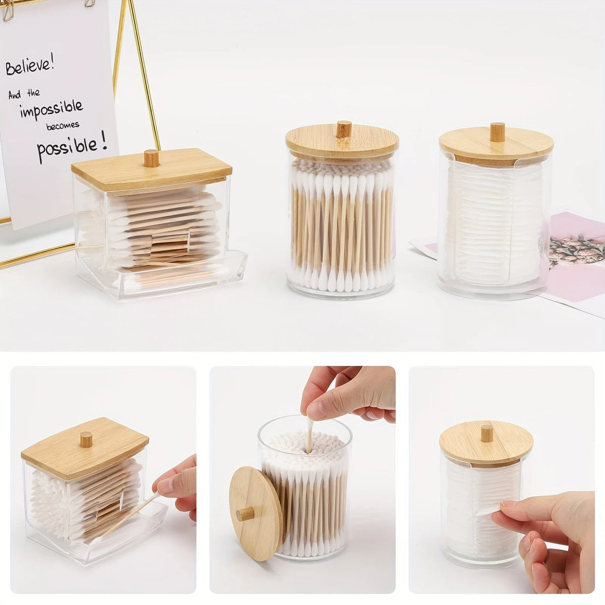 Cotton Swab Storage Box Double Head Wood Baby Cotton Swabs Transparent Square Bamboo Cover Cotton Buds Toothpick Organizer