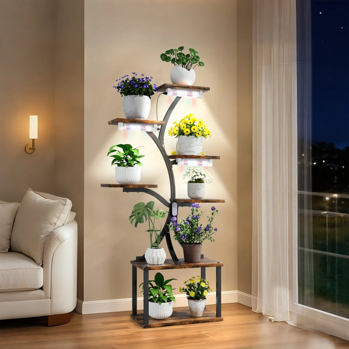 7 Tier Tree Shaped Plant Stand for Patio Living Room Metal Plant Flower Pot Display Holder with Lights